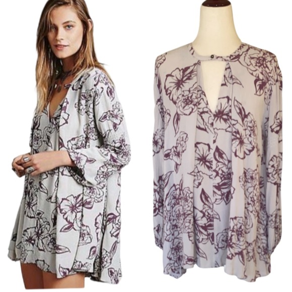 Free People Lavender Lilac Purple Floral Cutout Draped Mini Dress Tunic  XS - Picture 1 of 13
